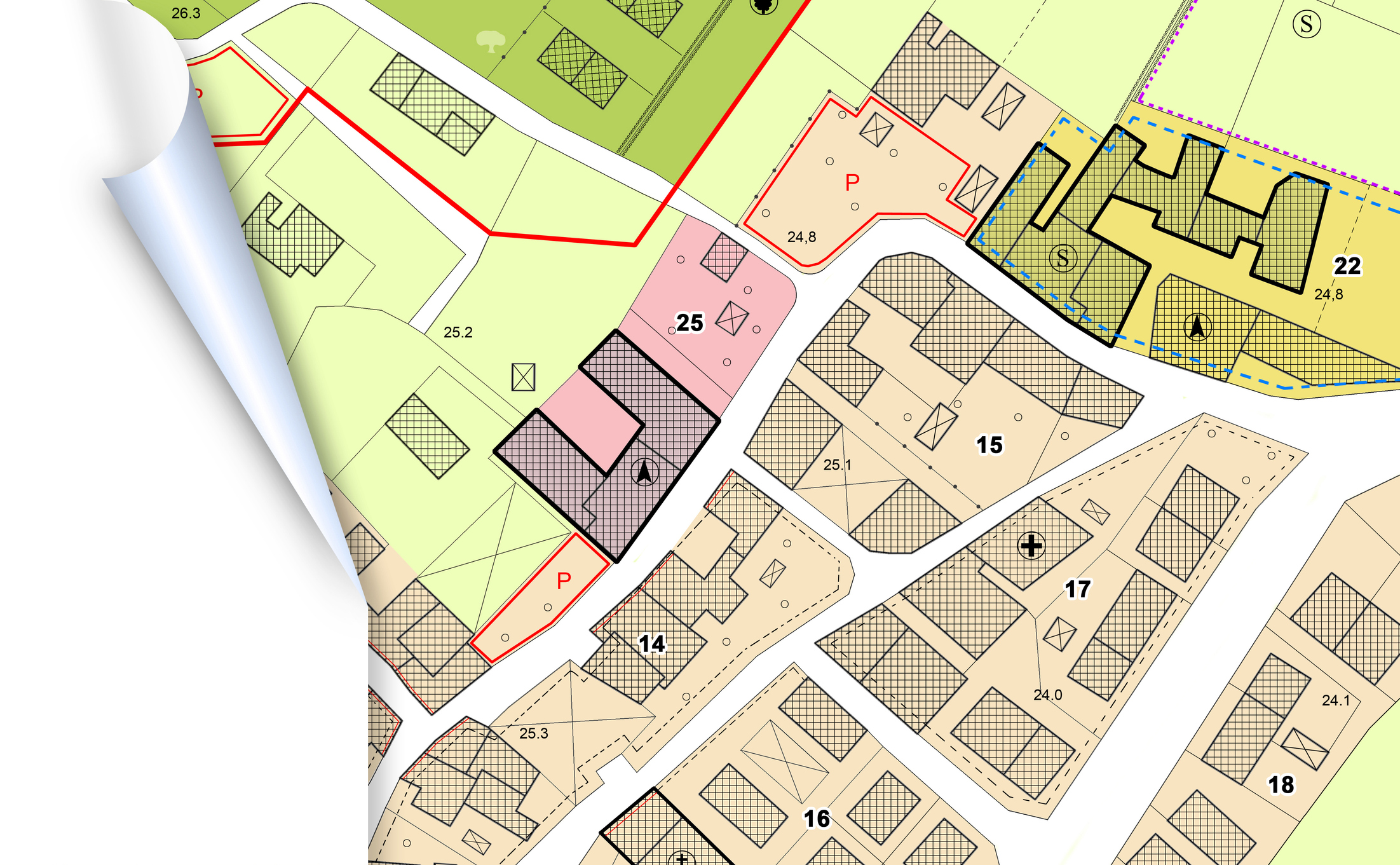 Imaginary General Urban Plan with indications of urban destinations with buildings, roads, buildable areas and land plot - note: the map is totally invented and does not represent any real place Metes and Bounds in Legal Descriptions