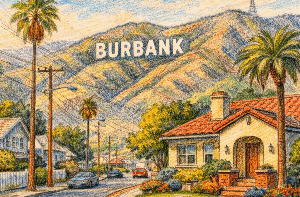 Colored pencil illustration of a Burbank, California residential neighborhood with homes and mountain backdrop