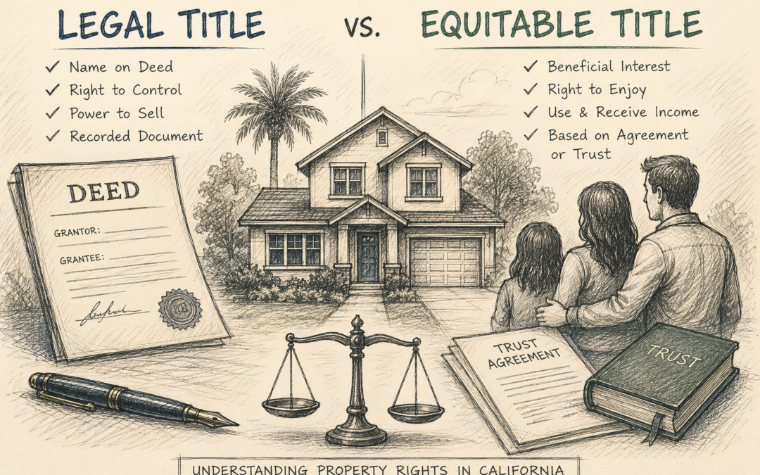 illustration comparing legal title and equitable title in California real estate law, featuring a house, deed, trust documents, and key ownership rights.
