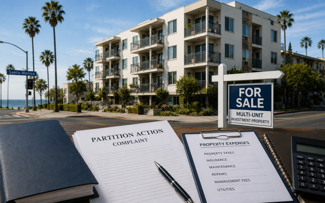 Santa Monica apartment building involved in a partition dispute, featuring property sale documents, expense paperwork, and a multi-unit investment property near the coast.