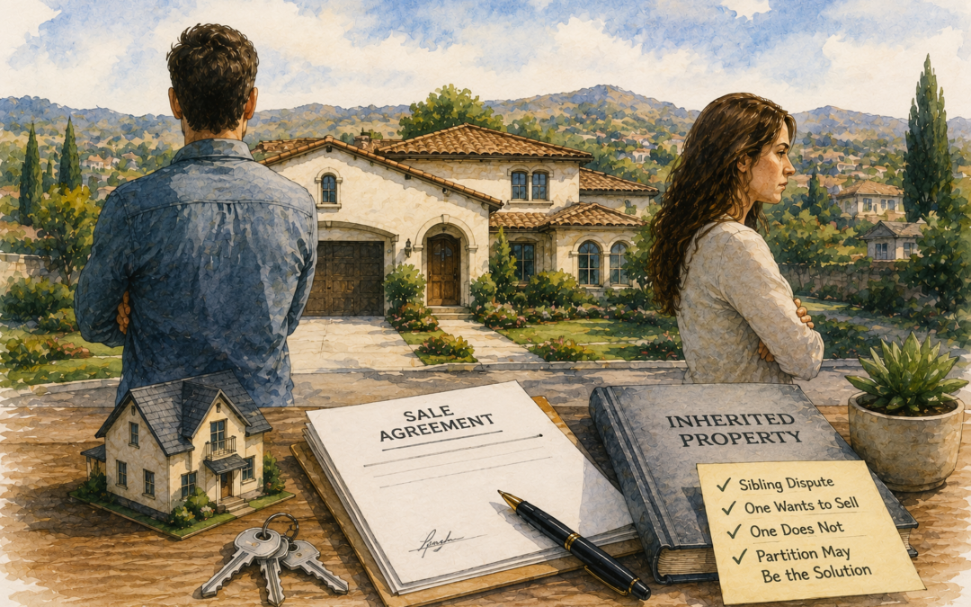 illustration of a sibling dispute over inherited property in Calabasas, showing a brother and sister standing apart in front of a luxury home with sale documents, keys, and legal paperwork on a table in the foreground.