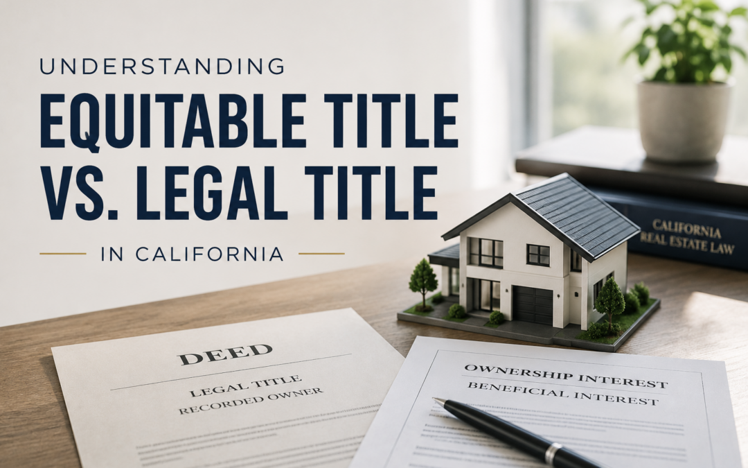 Equitable title vs. legal title concept showing a home model, deed documents, and California property ownership.