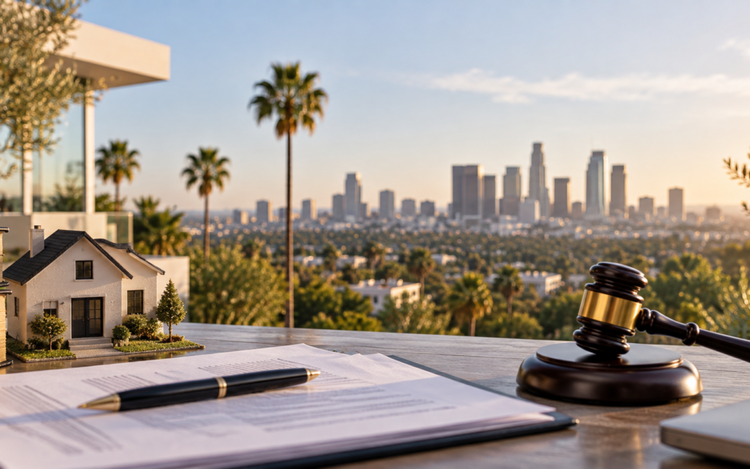 California real estate legal documents, house model, and gavel overlooking the Los Angeles skyline