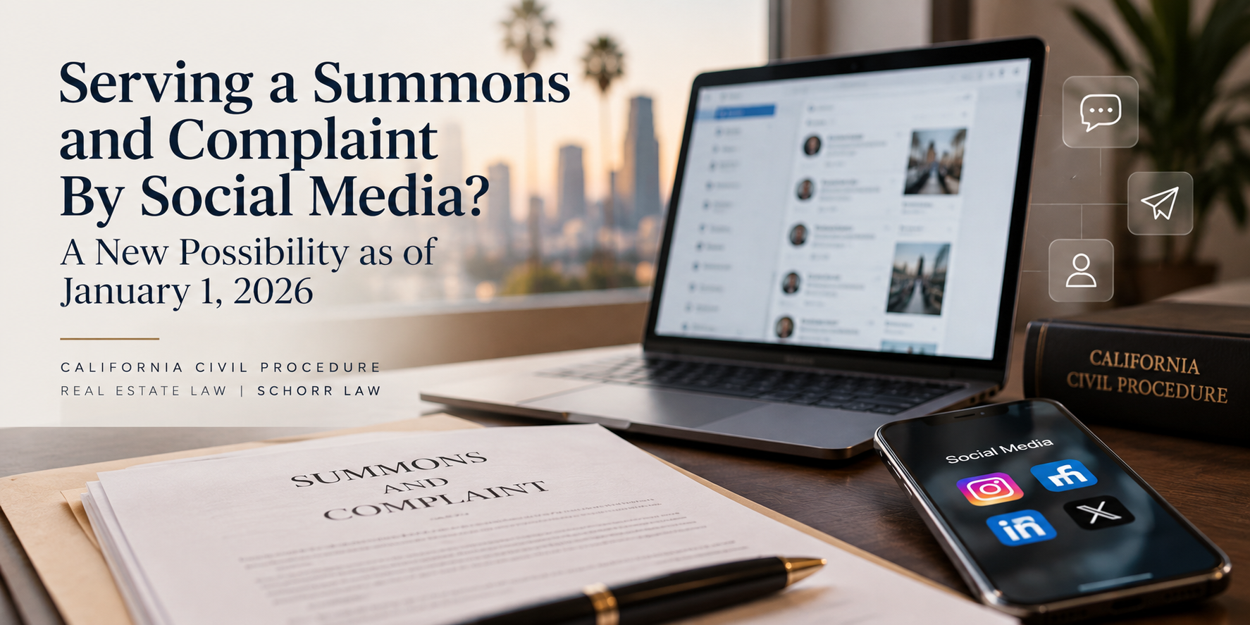 California attorney reviewing a summons and complaint alongside social media on a laptop and smartphone